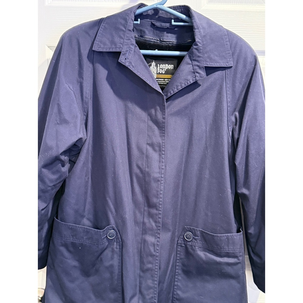 London Fog Navy Blue Vintage Car Coat Faux Fur Pile Lined Trench Jacket